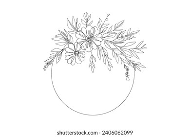 Continuous line drawing floral frame wreath. Minimalist linear circle garland with blooming flowers leaves. Vector illustration