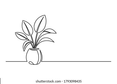 Dibujo continuo de una flor en una olla. Hermosa flor Aislada sobre un fondo blanco. Ilustración del vector