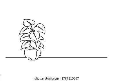 Continuous line drawing of a flower in a pot. Beautiful flower Isolated on a white background. Vector illustration