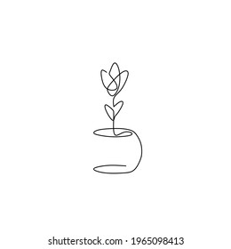 Continuous line drawing of flower in pot, object one line, single line art, vector illustration