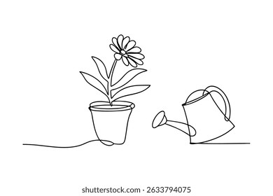 Continuous line drawing of a flower in a pot with watering can illustration design
