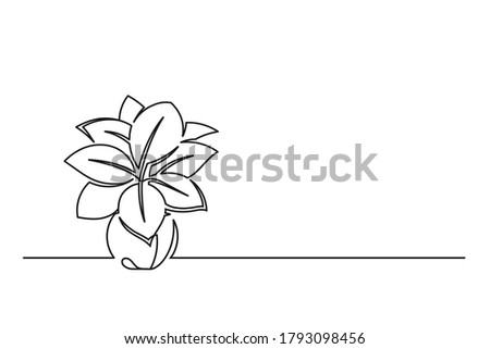 Continuous line drawing of a flower in a pot. Beautiful flower Isolated on a white background. Vector illustration