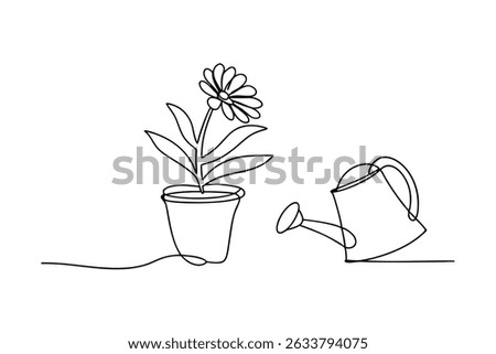 Continuous line drawing of a flower in a pot with watering can illustration design
