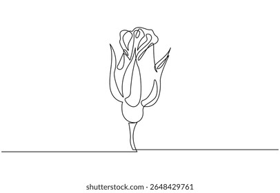 Doorlopende lijntekening van bloemenroos. Hand getrokken schets van bloem met bladeren, minimalisme ontwerp geïsoleerd op wit. Hand getrokken één lijn vector. Bewerkbare lijn.