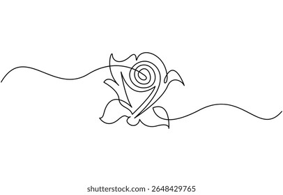 Doorlopende lijntekening van bloemenroos. Hand getrokken schets van bloem met bladeren, minimalisme ontwerp geïsoleerd op wit. Hand getrokken één lijn vector. Bewerkbare lijn.