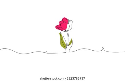 Continuous line drawing of flower tulip. Tulip one line drawing. Abstract flower continuous line. Hand drawn sketch of flower with leaves. suitable for beauty