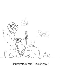 continuous line drawing of flowers growing with butterflies