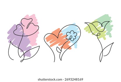 Dibujo de líneas continuas de flores y Formas de corazón.