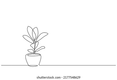 Dibujo continuo de una flor en una olla. Árbol en olla con arte de una sola línea, Contorsión estética. Excelente para decoración casera, afiches de arte en la pared o estampados de camisetas. Arte de una sola línea de árbol en forma de doodle