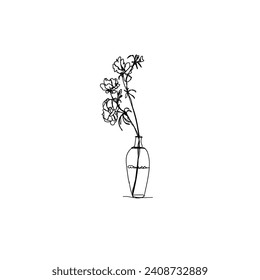 Continuous Line Drawing Flowers and Roses in Pots. Illustration Icon Vector. Sketch hand drawing beauty flower