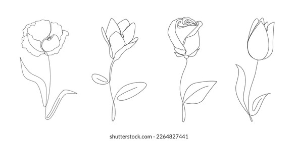  Continuous line drawing of flowers.Poppy,magnolia,tulip,rose with leaves one line drawing.Hand drawn flowers collection.Single one line flowers set .Flowers outline sketch.