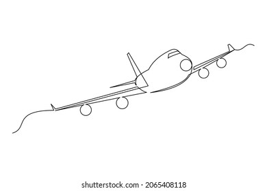 Continuous line drawing of flying airplane. Single one line art of jet plane aero modeling remote control. Vector illustration 