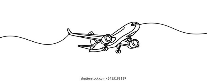 Continuous line drawing of a flying airplane.