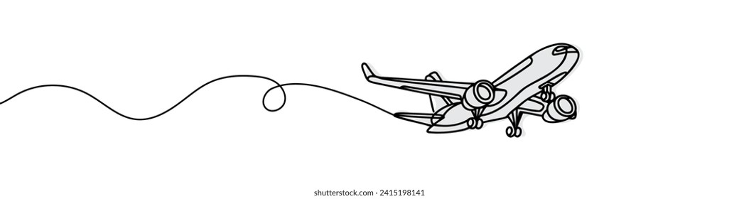 Durchlaufende Linienzeichnung eines fliegenden Flugzeugs.