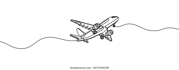 Continuous line drawing of a flying airplane.