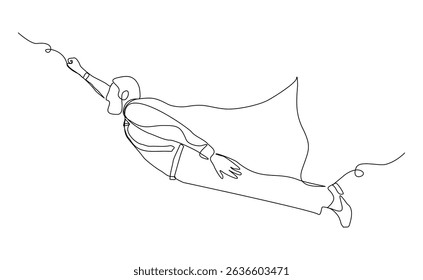Desenho de linha contínua do super-herói de negócios de voo. Ilustração de vetor traçado editável único um esboço conceito de funcionário de poder, realização de sucesso, líder de herói de negócios.