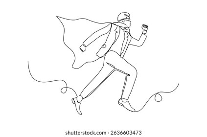 Desenho de linha contínua do super-herói de negócios de voo. Ilustração de vetor traçado editável único um esboço conceito de funcionário de poder, realização de sucesso, líder de herói de negócios.