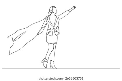 Desenho de linha contínua da mulher super-heroína do negócio de voo. Ilustração de vetor traçado editável único um esboço conceito de funcionário de poder, realização de sucesso, líder de herói de negócios.