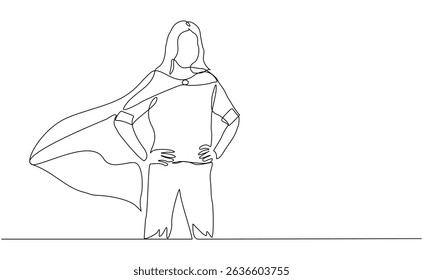 Desenho de linha contínua da mulher super-heroína do negócio de voo. Ilustração de vetor traçado editável único um esboço conceito de funcionário de poder, realização de sucesso, líder de herói de negócios.