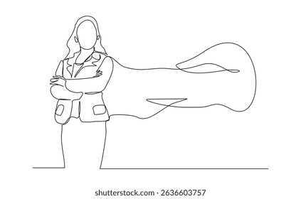 Desenho de linha contínua da mulher super-heroína do negócio de voo. Ilustração de vetor traçado editável único um esboço conceito de funcionário de poder, realização de sucesso, líder de herói de negócios.