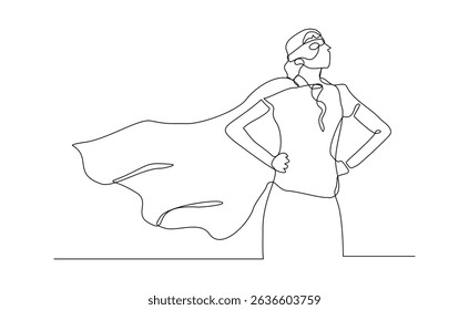 Desenho de linha contínua da mulher super-heroína do negócio de voo. Ilustração de vetor traçado editável único um esboço conceito de funcionário de poder, realização de sucesso, líder de herói de negócios.