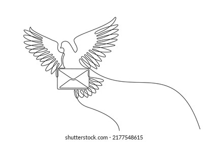 Continuous line drawing of a flying carrier pigeon carrying mail. vector illustration of a flying dove carrying an envelope. Single line art of flying pigeon symbol carrying letter in doodle style.