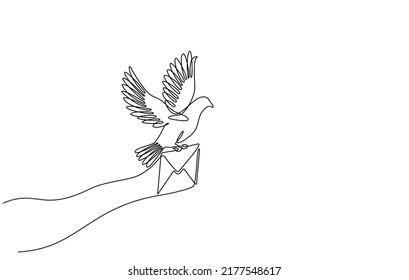 Continuous line drawing of a flying carrier pigeon carrying mail. vector illustration of a flying dove carrying an envelope. Single line art of flying pigeon symbol carrying letter in doodle style.