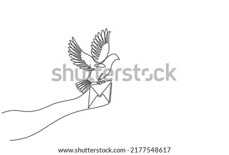 Continuous line drawing of a flying carrier pigeon carrying mail. vector illustration of a flying dove carrying an envelope. Single line art of flying pigeon symbol carrying letter in doodle style.