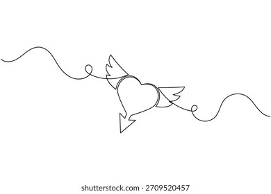Desenho de linha contínua de um coração voador com asas e um símbolo de seta de amor.