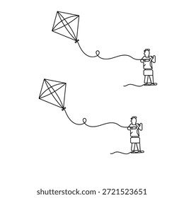 Desenho de linha contínua de uma pipa voadora com cauda longa Vetor
