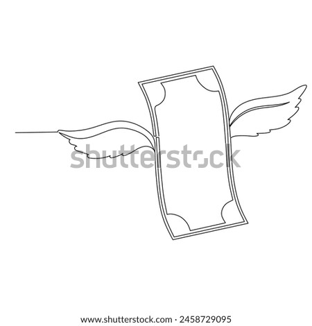 Continuous line drawing flying money stack with wings. Winged dollar American currency bills packs. Angel investment, sending dollar banknotes. Single line draw design vector graphic illustration
