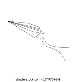 Continuous line drawing of flying paper airplane. Vector illustration