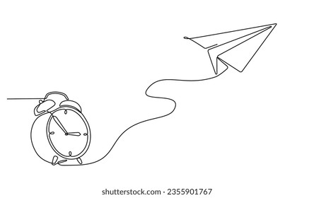 Continuous line drawing of flying paper airplanes connected to an alarm clock. Transport journey time concept in editable doodle style. Vector illustration