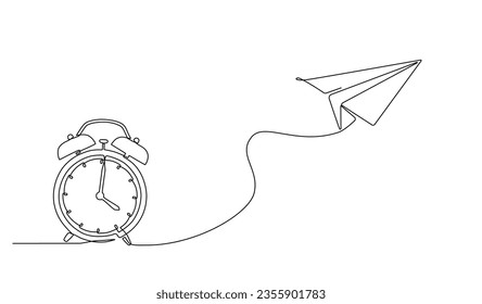 Dibujo continuo en línea de aviones de papel volador conectados a un reloj despertador. Concepto de tiempo de viaje de transporte en estilo de doodle editable. Ilustración del vector