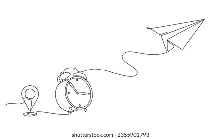 Continuous line drawing of flying paper airplanes connected to an alarm clock. Transport journey time concept in editable doodle style. Vector illustration