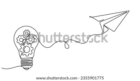 Continuous line drawing of flying paper airplane connected with light bulb. Business idea concept, bright idea, solution, inspiration, startup in editable doodle style. Vector illustration