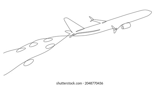Dibujo continuo en línea del avión de pasajeros volador. Aislado sobre fondo blanco. Ilustración vectorial.