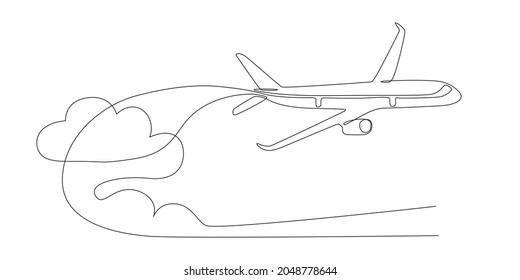 Continuous line drawing of flying passenger plane. Isolated on white background. Vector illustration.