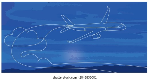 Continuous line drawing of flying passenger plane. Colorful sky background. Vector illustration.
