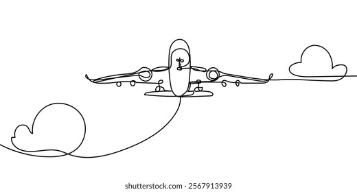 continuous line drawing of flying passenger plane