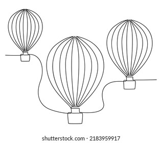 Continuous line drawing of flying three hot air balloons. Vector illustration