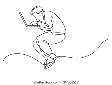 continuous line drawing of focused man working on laptop computer