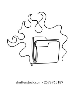 continuous line drawing folder burning with fire