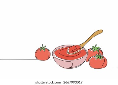 Concepto de comida de dibujo de línea continua para el Día Nacional del Ketchup con un tazón de ketchup de tomate rico con una cuchara de madera y tomates maduros frescos, que celebra el sabor, la frescura y la alegría.