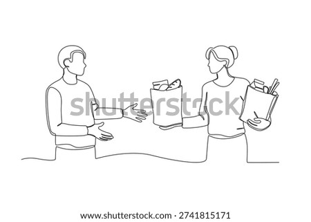 Continuous Line Drawing of Food Donation with Generous Man and Woman