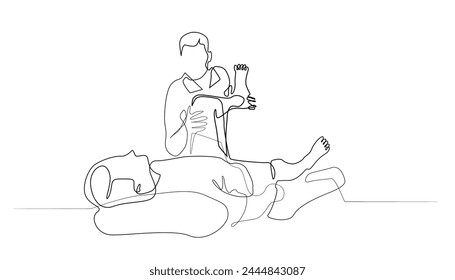 continuous line drawing of foot nerve therapy.single line vector of doctor health therapy to patient.stretching leg muscles