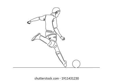 Continuous line drawing of football player kicking ball. Single one line art of young man soccer player dribbling and juggling ball. Vector illustration