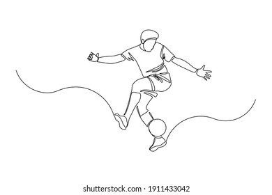 Continuous line drawing of football player jump and fly to kicking ball. Single one line art of young man playing soccer ball. Vector illustration