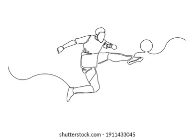 Continuous line drawing football player jump   fly to kicking ball  Single one line art young man playing soccer ball  Vector illustration