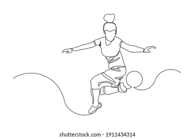 Continuous line drawing of football player jump and fly to kicking ball. Single one line art of young woman playing soccer ball. Vector illustration